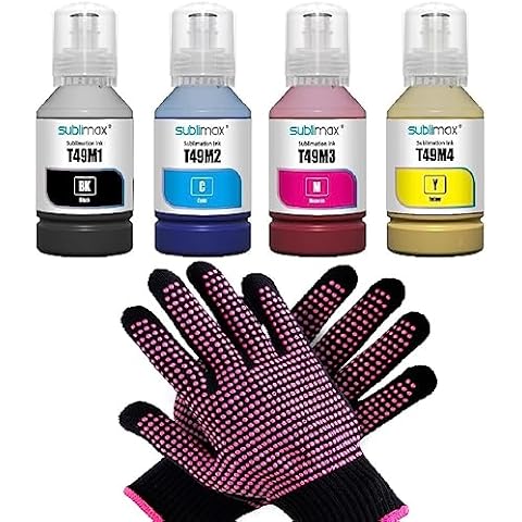 Sublimax Sublimation Ink Compatible for Epson F170 and F570 Printer (4x140ml) Bundle with Heat Resistant Gloves - T49M1 T49M2 T49M3 T49M4 - Cyan, Yellow, Magenta, Black Cover
