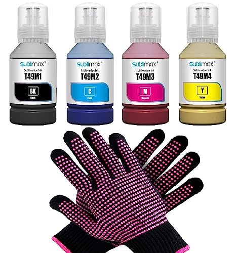 Sublimax Sublimation Ink Compatible for F170 and F570 Printer (4x140ml) - Bundle with Heat Resistant Gloves - T49M1 T49M2 T49M3 T49M4 Cyan, Yellow, Magenta, Black