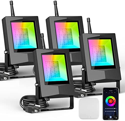 MustWin Smart Flood Light, 20W LED Flood Lights Bluetooth Mesh 4 Pack 16 Million Color Changing RGBCW, Work with Alexa Google Home, IP65 Waterproof Dimmable for Outdoor Landscape Stage