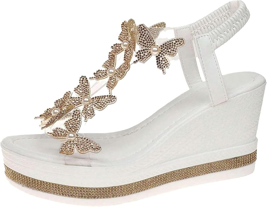 Women's High Heel Wedge Sandals Platform Fashionable Butterfly Decoration Rhinestones Butterfly Vacation Wedding Shoes Beach Slides