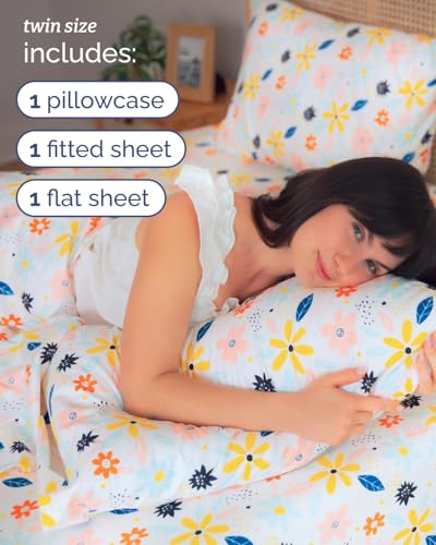 Image of Twin 3 Piece Floral Sheet Set - Soft, Breathable & Cooling - Daisy Art