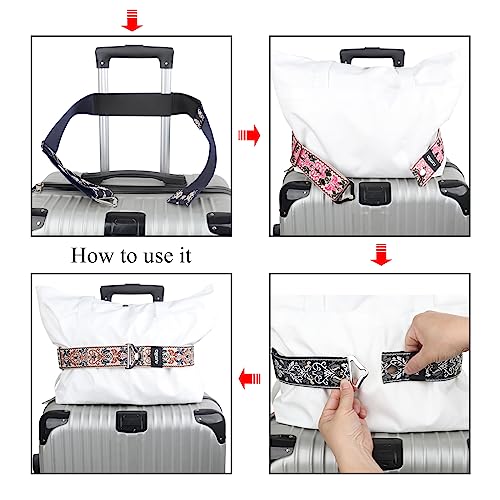Image of Luggage Straps Bag Bungees for Add a Bag Easy to Travel Suitcase Elastic Strap Belt，Luggage Strap with Exquisite Embroidery (Blue)
