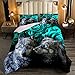Feelyou Girls Wolf Bedding Set Wolves Rose Wild Animal Comforter for Women Teens Kids Safari Wildlife Floral Comforter Cover 3D Print Duvet Set Teal Bedroom Decor Bedding 3Pcs Queen Size