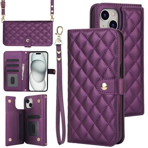 SsHhUu Cover per iPhone 15 Plus 6,7 Pollici,Custodia in Pelle PU Premium Magnetica Cover con Slot con portafoglio e cordino rimovibili,con Magnetica a Scatto Wallet Case,Viola scuro