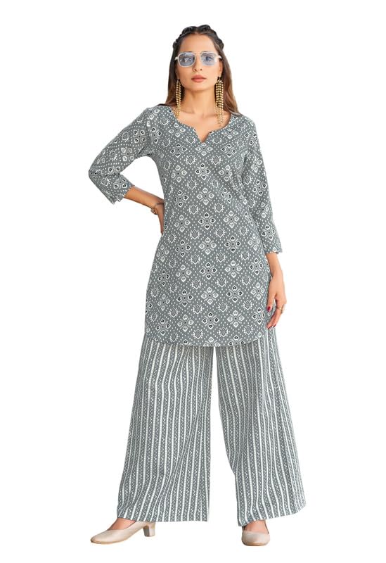 ODD BY chansi TRENDZ Women’s Traditional Grey Poly Cotton Co-Ord Set | V Neck 3/4 Sleeve Ethnic Co-Ord Set | Short Kurti with Palazoo for Casual