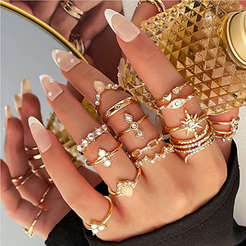 17IF Gold Boho Sparkle Knuckle Rings Set For Women, Vintage Fashion Aesthetic Trendy Joint Snake Ring Pack, Retro Pink Rhinestone Assorted Moon Star Crystal Love Leaf Diamond Pearl Jewelry4
