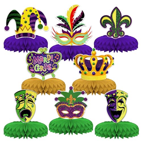 Bubaxuce Décorations De Fête À Thème Mardi Gras 8 Pièces Centre De Table Mardi Gras Centres en Nid D’Abeille Décoration 3D Thématique Mardi Gras...