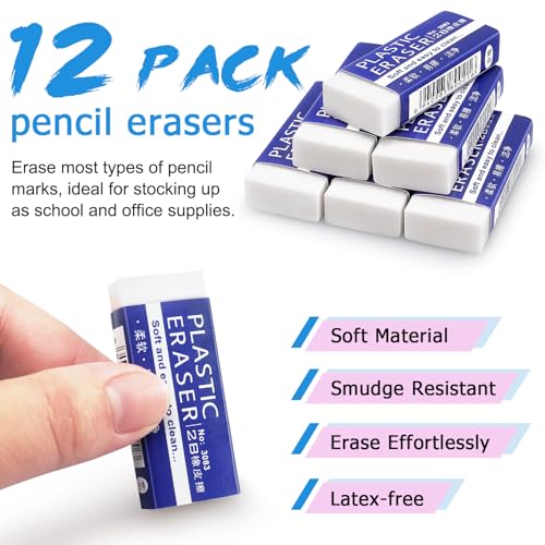 Image of Tamaki Erasers, Large, White, 12 Pack | Erasers for School Office, Art Eraser for Drawing