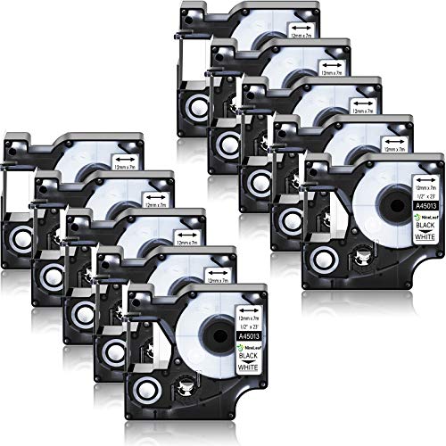 NineLeaf 10PK Black on White Label Tape Refills Compatible for Dymo D1 45013 45013S 45113 S0720530 1 2  12mm x 23  LM160 Tape use in LabelManager 260P 210D 280 360D 420 450 ColorPop Label Maker