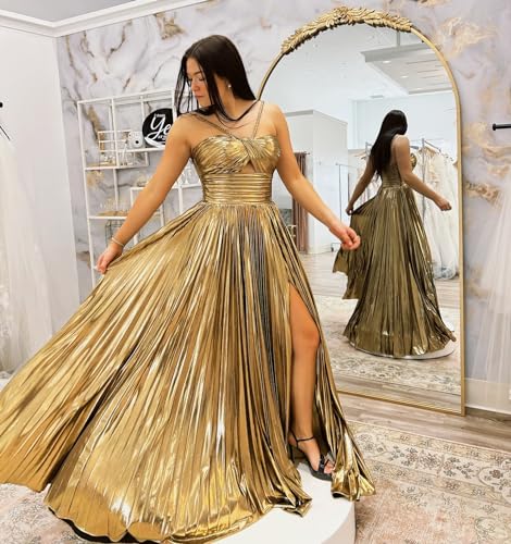 Women's Spaghetti Strap Metallic Sparkly Prom Dress Formal Pleated Long Evening Dress3