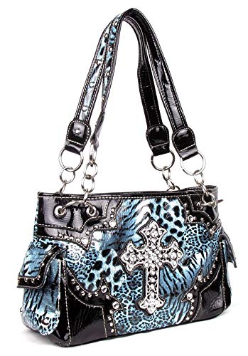 Western Cross Leopard Handbag Rhinestone Pocket Purse With Matching Wallet (BLUE)3