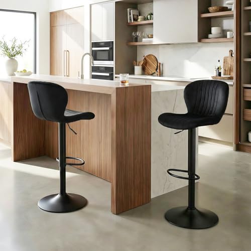 Butacos ajustables de barra Giantex, juego de 2 unidades, con respaldo tapizado en terciopelo holandés, asientos acolchados, reposapiés y bases metálicas, diseño moderno para cocina y comedor miniatura 2
