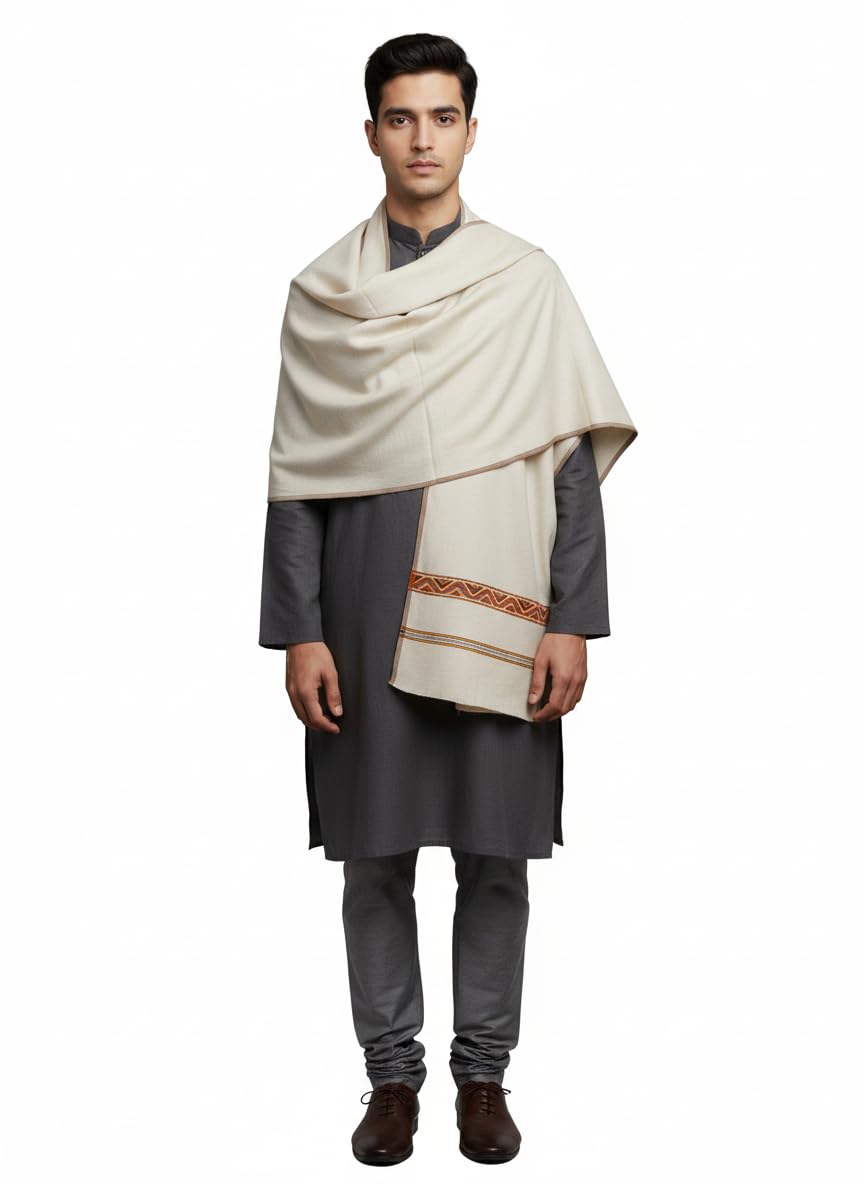 KAVIM Grey Wool Solid Men's Kullu Border Shawl KA-SWL-66-image-46