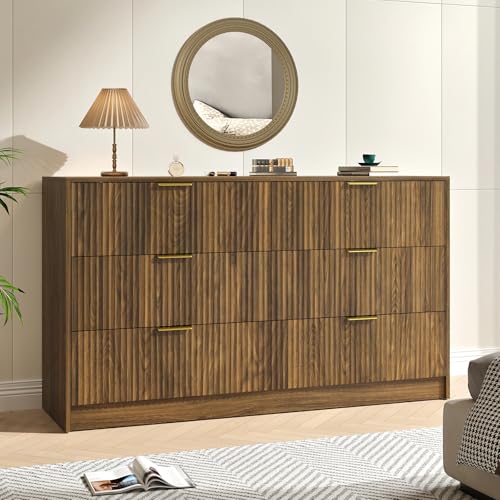 Image of Walnut 6 Drawer Dresser Bedroom,55 inch Wide Fluted Dresser Wood with Gold Handles,Mid Century Wooden Chest of Drawer for Closet,Bedroom,Living Room,Walnut