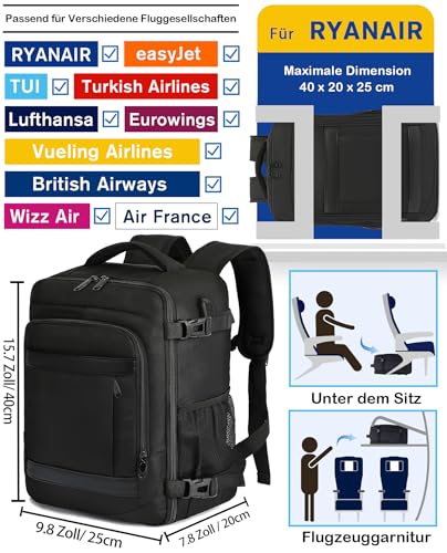 KLOSTAIN Handgepäck Rucksack 40x20x25 für Ryanair und Eurowings Rucksack Travel Backpack Bag Klein Reiserucksack Tasche für Flugzeug - Schulrucksack für Damen, Herren, Teenager, Schwarz 2