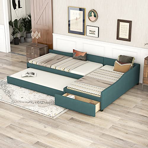 CITYLIGHT Upholstered L-Shaped 2 Twin Beds with Trundle and Storage Drawer, Wood Linen Corner Bed for Kids Girls Boys Teens Bedroom, Green