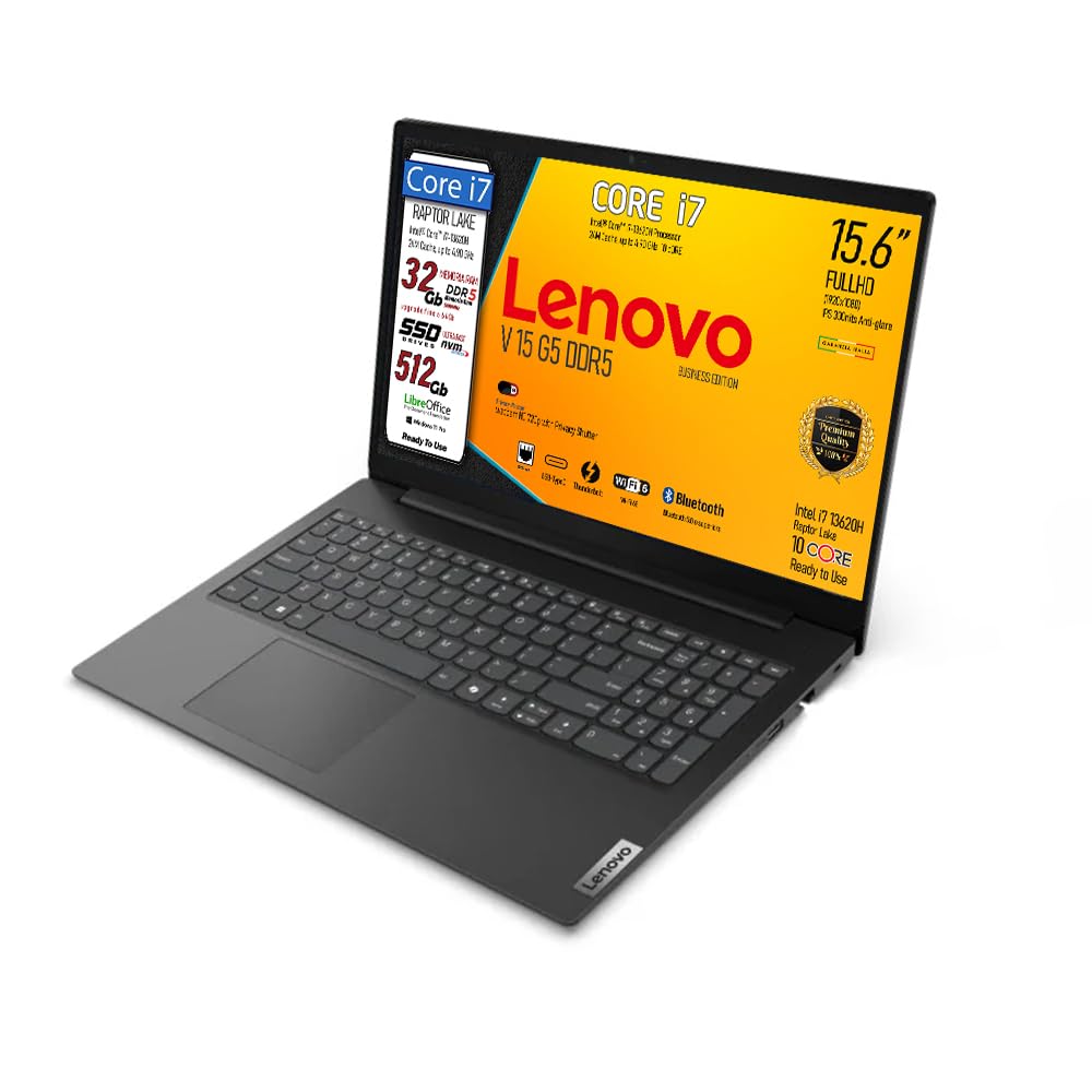 Lenovo, pc portatile Notebook V15 G5, Intel Core i7 13620H,10 Core, Ram DDR5 32 Gb, Display 15,6" IPS FHD, SSD Pci Nvme da 512Gb, Wi-Fi 6, Bt, USB Type-C, Lan Rj45, WebCam FHD, Pronto all'Uso - 4