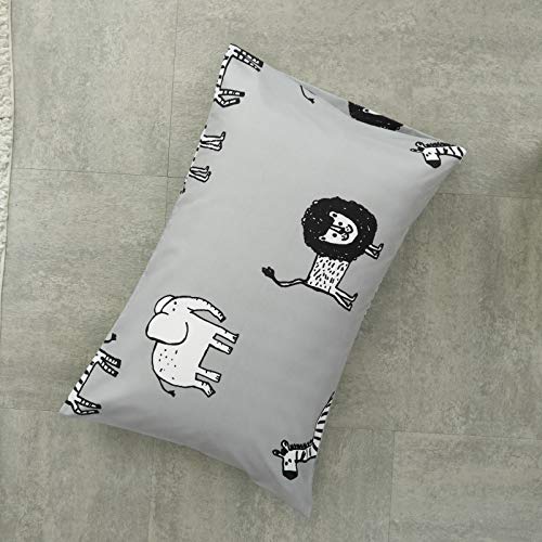 Image of Flysheep 4 Piece Gray Grey Toddler Bedding Set with Multi Animals Printed for Baby Boys - Includes Quilted Comforter, Flat Sheet, Fitted Sheet & Pillow Case, Soft & Comfortable Microfiber