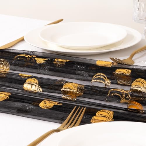 Image of MLMC Fall Pumpkin Table Runner Black Sheer Gauze Foil Table Runner, 3PC