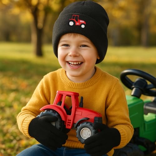 Kids Knit Beanies with Gloves, Boys Girls Embroidery Cat Hat Tractor Beanie Winter Caps for 3-8 Years2