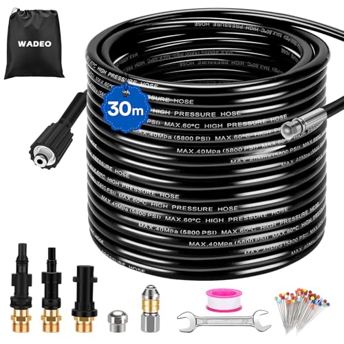 WADEO Tuyau de Nettoyage Haute Pression 30M, 400 Bar/5800 PSI, Compatible Kärcher K2 K3 K4 K5 K6 K7, Lavor, Bosch, Parkside - Kit Nettoyage Pro avec 2 Buses...