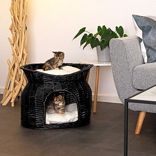 lionto Weidenkorb für Katzen und kleine Hunde mit 2 weichen Liegekissen, 55x39x43 cm, gemütlicher Katzenkorb aus umweltfreundlichem Weidenholz, Moderne Katzenhöhle mit weißen Kuschelkissen, schwarz