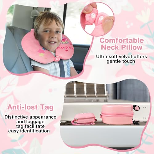 COSTWAY 4 Pieces Kids Suitcase, 14 Inch Luggage & Backpack Set with Neck Pillow, Name Tag, Extendable Handle, Children Travel Trolley Bag for Boys Girls (Pink) - Image 6