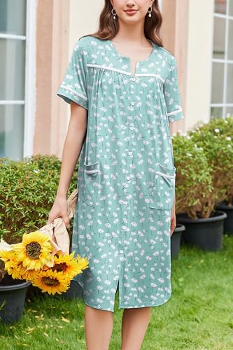 Ekouaer Nightgowns for Women House Dress with Pockets Button Down Sleepshirt Short Sleeve Nightshirt Housecoat S-XXXL2