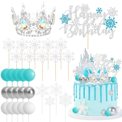 31Pcs Frozen Cake Toppers Set Snowflake Birthday Decorations Blue & Silver Snowflake Cupcake Toppers Happy Birthday Cake Toppers Perfect for Winter Themed Birthdays Parties