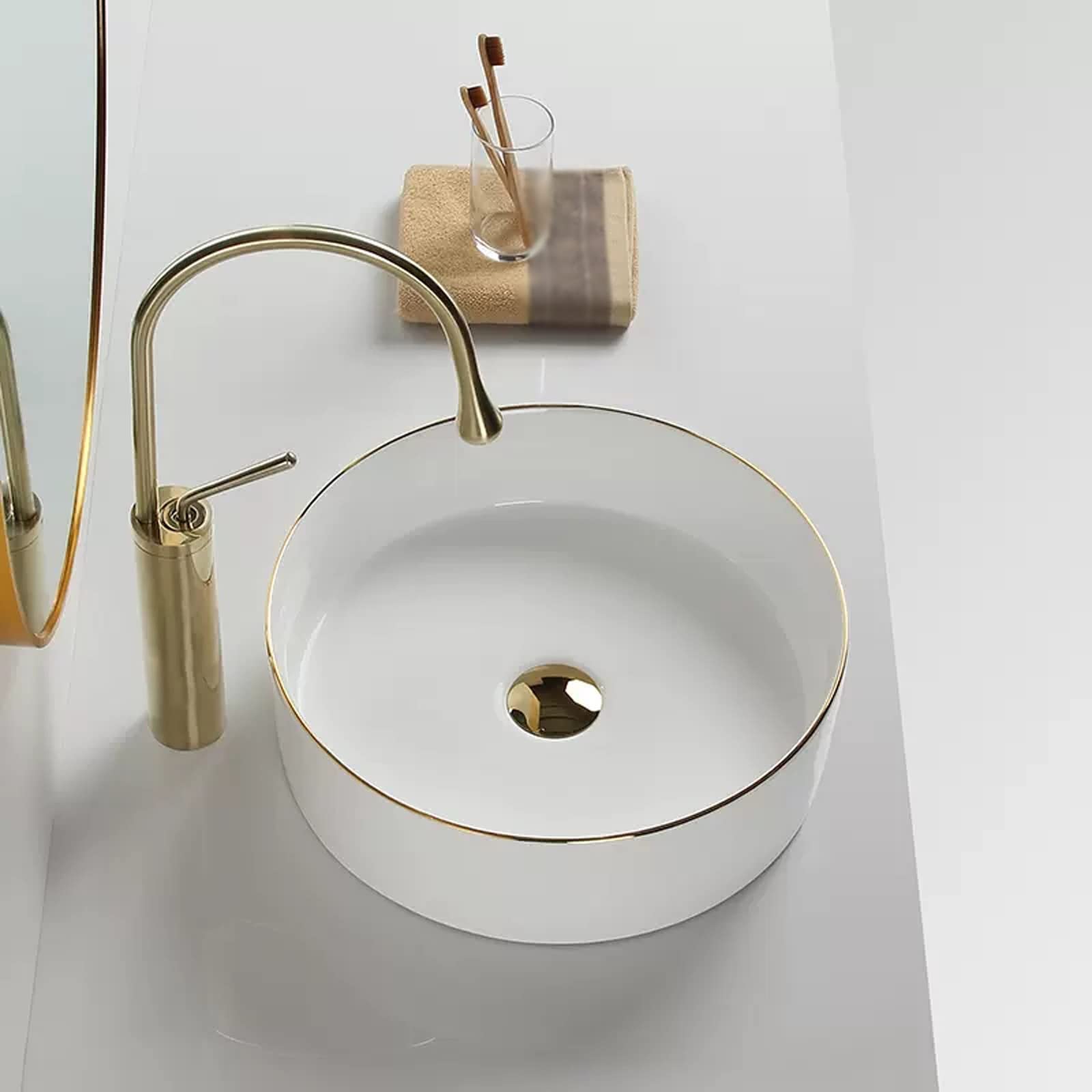 Biała okrągła umywalka łazienkowa 31 cm porcelanowa umywalka z wysuwanym odpływem d wykończenia Ed idealna do hoteli i futra Vani