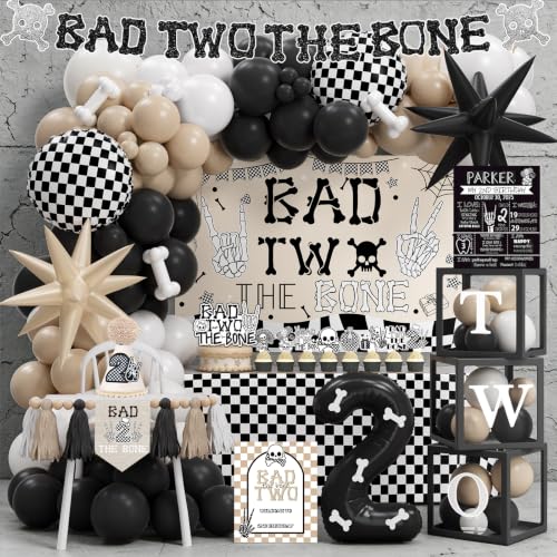 Fiesec Bad Two the Bone Party Decorations for Boy 134 PCS Bad 2 the Bone Party Supplies Includes Balloons Tablecloth Banner Cake Topper Poster Crown for Boy 2nd Birthday