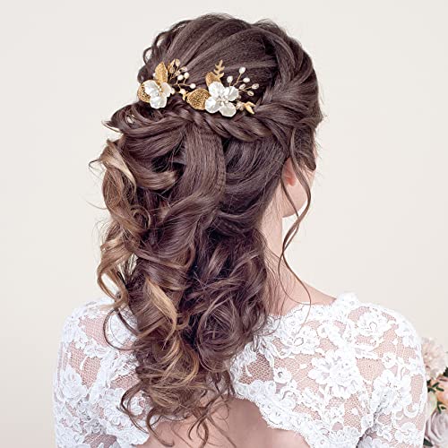 Hinzic 2Pcs Rhinestones Crystal Pearl Hair Comb Flower Wedding Hair Pieces Bling Gold Alloy Hair Clip Accessories For Women Girls Bride Party Prom #TOP6