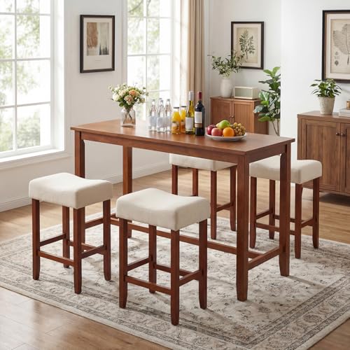 Image of COSTWAY Wooden Saddle Stools Set of 2, 25-inch Backless Counter Height Chairs with Rubber Wood Frame, Footrest, Max Load 330 Lbs, Upholstered Bar Stools for Kitchen Island, Light Beige+Brown