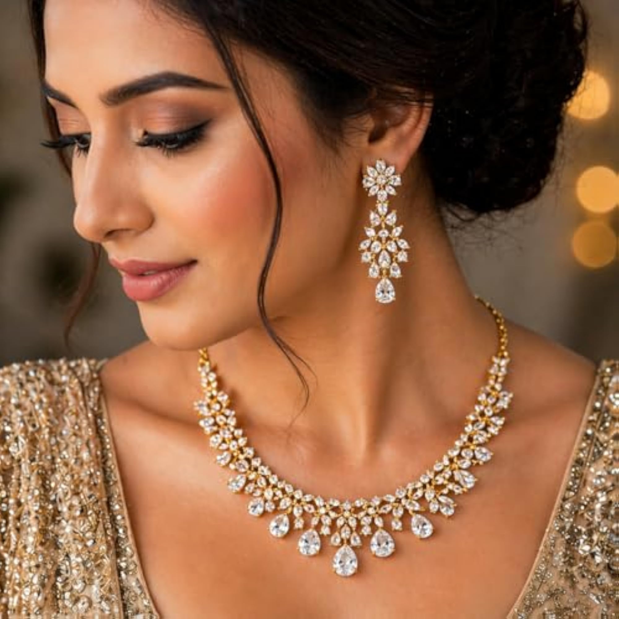 SOVAR Gold Plated American Diamond Necklace Set for Women