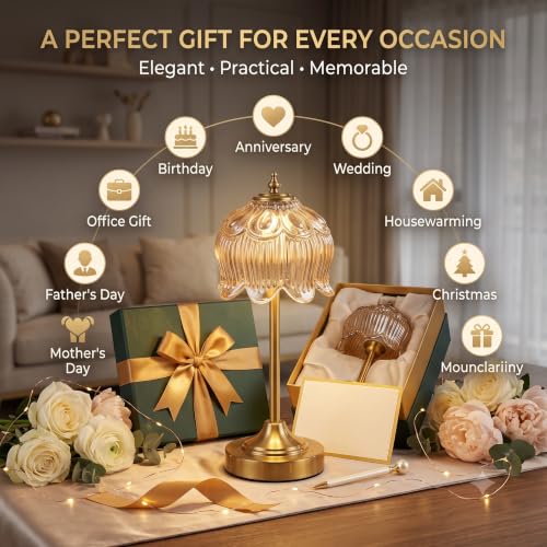 Image of NYRWANA Flower Rechargeable Cordless Glass Table Lamp | 2000mAh Battery | 3 Colour Touch Control, Stepless Dimming, USB-C Charging | Metal Gold Bedside Lamp for Bedroom, Living Room, Home Decor