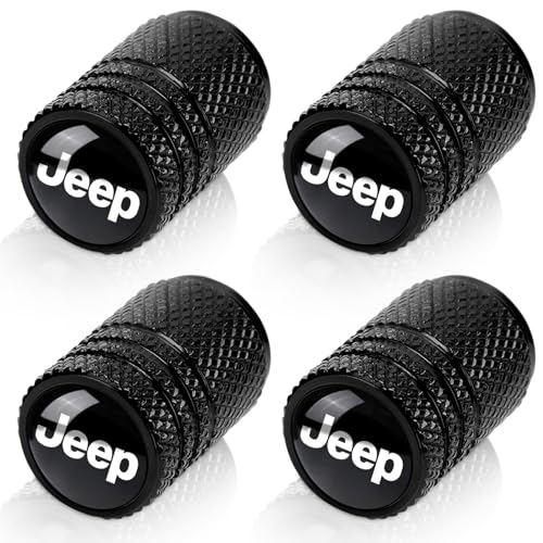 Tire Valve Stem Cap Cover Fit for Jeep Grand Cherokee Wrangler Compass Renegade Patriot Grand Comander Belt O-Ring Seal Corrosion Resistant Tire Valve Caps Car Accessories 4 Pc (Black)