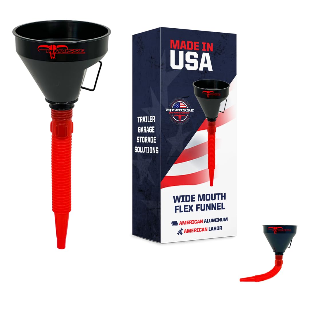 Pit Posse PP3367 Automotive Funnel Oil Change Large Wide Mouth Flex Flexible Spout Extension Funnel with Handle and Strainer, for Engine Oil, Liquid,