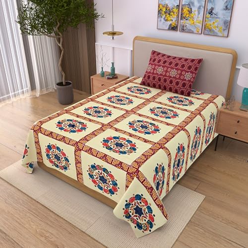 Image of 100% Cotton Single Bedsheet with 1 Pillow Cover | 240 TC Pure Cotton Flat Bed Sheet | Traditional Jaipuri Printed Bedding Set | Soft & Breathable | 60 x 90 Inch (Rangmahal Single 70)