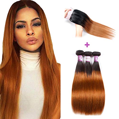 Ombre Brazilian Hair Straight 3 Bundles with Closure Black to Dark Brown Silky Straight Human Hair Free Part Lace Closure Baby Hair (14" 16" 18" & Closure 12")