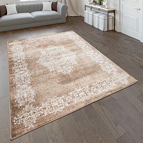 Paco Home Alfombra salón Pelo Corto Oriental Moderna en Beige marrón, tamaño:120x170 cm