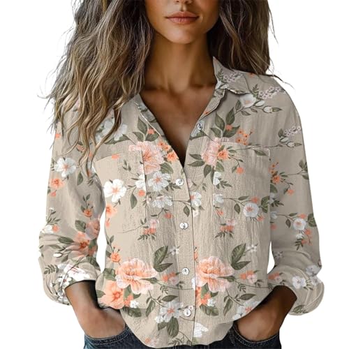 Generisch Blusa de muselina para mujer, blusa de manga larga, blusa de lino, camisa de verano, elegante, chaqueta de camisa con botones, Camiseta E4-caqui, 3XL