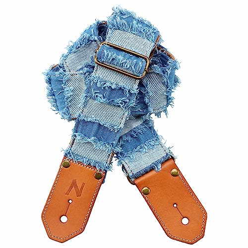 Sangle de guitare, Courroie de Guitare Denim à pompon bleu avec première couche épaisse de cuir de vache tanné au végétal pour Acoustique, Basse, Electrique, Cadeau pour Guitaristes et Musiciens - Les Beatles, Paul McCartney, John Lennon, RIngo Starr, George Harrison Sangle de guitare, Courroie de Guitare Denim à pompon bleu avec première couche épaisse de cuir de vache tanné au végétal pour Acoustique, Basse, Electrique, Cadeau pour Guitaristes et Musiciens