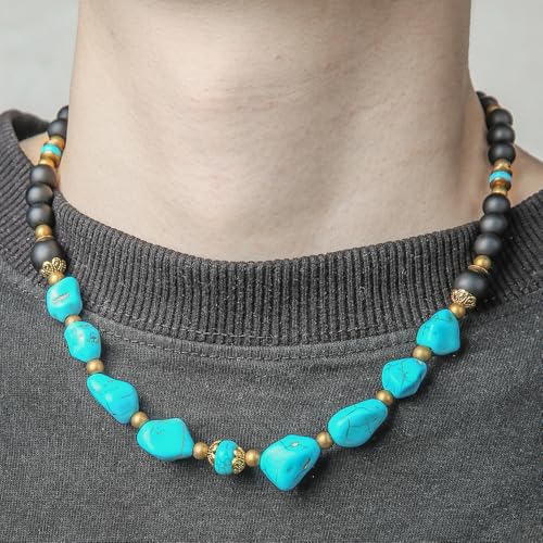 Beaded Necklace for Men,Handmade Men Turquoise Beaded Choker,Natural Wood Bead Necklaces Africa Wooden Chain Statement Unisex Strand Necklaces Hip Hop Beach Jewelry4