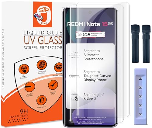 Image of STP FEEL Advanced UV Tempered Glass Screen Protector Guard Compatible For Redmi Note 15 5G (6.77 Inch, Pack of 2) Full Adhesive UV Curved Case Friendly HD Clarity with easy installation kit