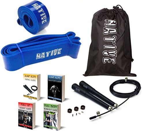 Pull Up Assist Resistance Bands - 8 Pc Fitness Training Workout Set - Bonus Speed Jump Rope - Home Gym Exercise Loop Equipment for CrossFit, Heavy Duty Assisted Chin Ups, Mobility, Power (Blue)
