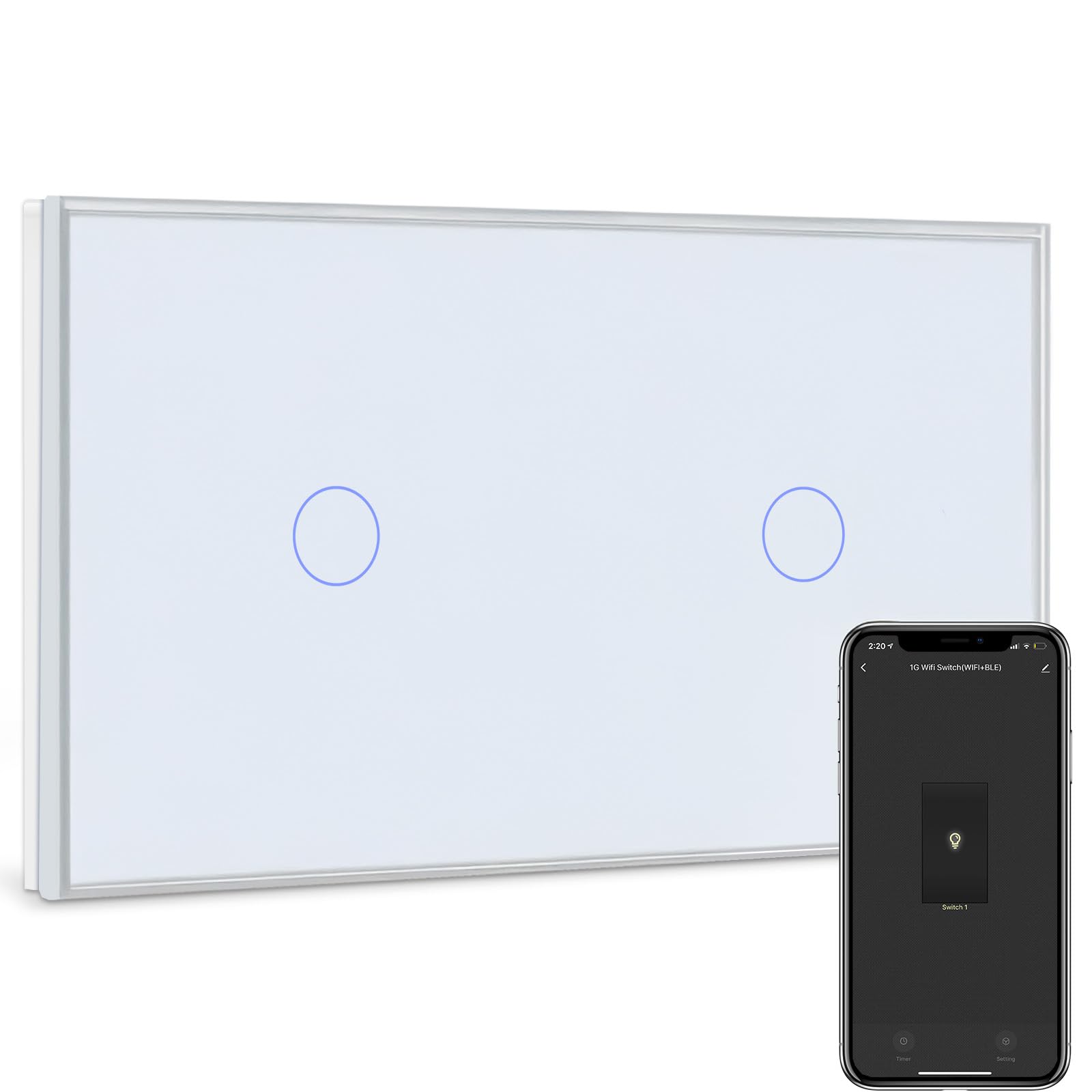 BSEED Interruptor de Pared WIFI,Interruptor Inteligente 1 Gang 1 Via+1 Gang 1 Via,Compatible con Alexa,Google Home,Control de APP y Función de Temporizador,Pantalla Táctil Blanco【Se necesita Neutro】
