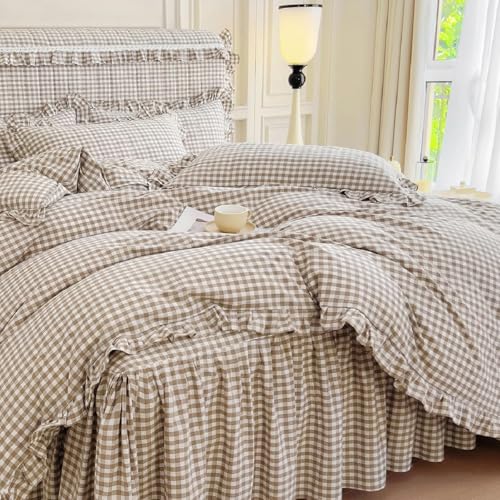 Image of LifeTB Queen Comforter Set Tan Gingham Comforter Ruffle Beige Taupe Plaid Comforter Set 3 Pieces Fluffy Vintage Checkered Grid Bed Comforter with 2 Pillowcases Gingham Bedding Set Queen