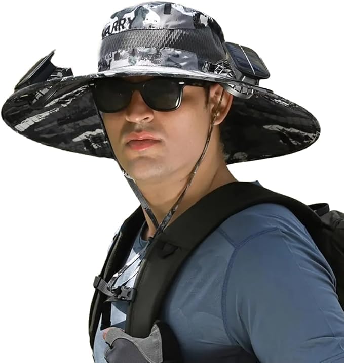 Sun Hat with Solar Powered Fan Wide Brim UV Protection Fishing Hat, Dual Fans Cooling Cap for Men & Women, USB Rechargeable