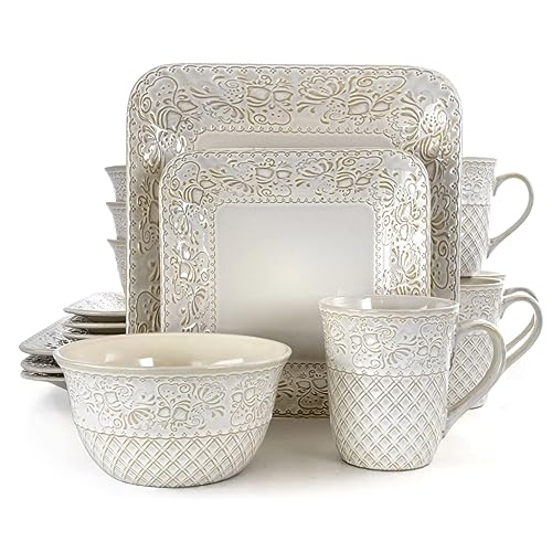 Vaisselle combinée carrée 16 pièces motif incrusté pour service de table complet - 2