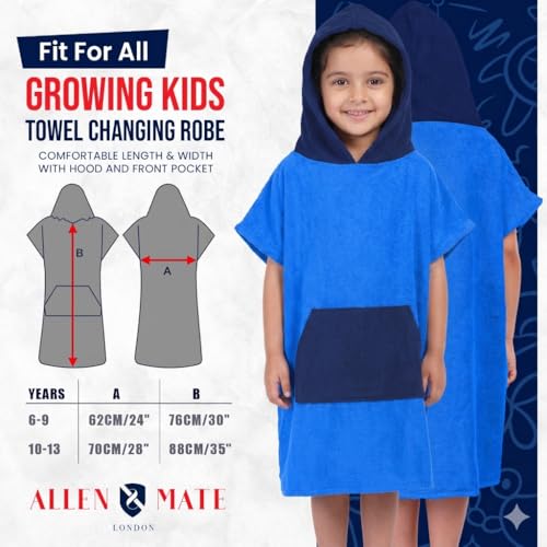 Image of ALLEN & MATE 100% Cotton Kids Hooded Surf Poncho Changing Robe, Quick Absorbent Wearable Swim Towel Boys & Girls, 6-13 Years